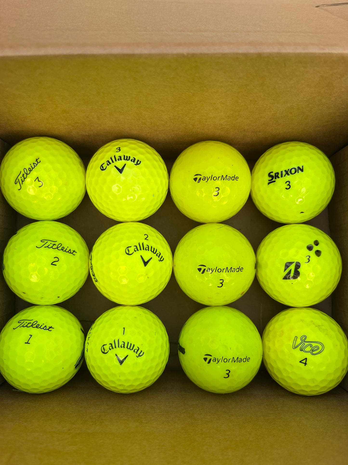12 x Premium Yellow Golf Balls – Mixed Top Brands